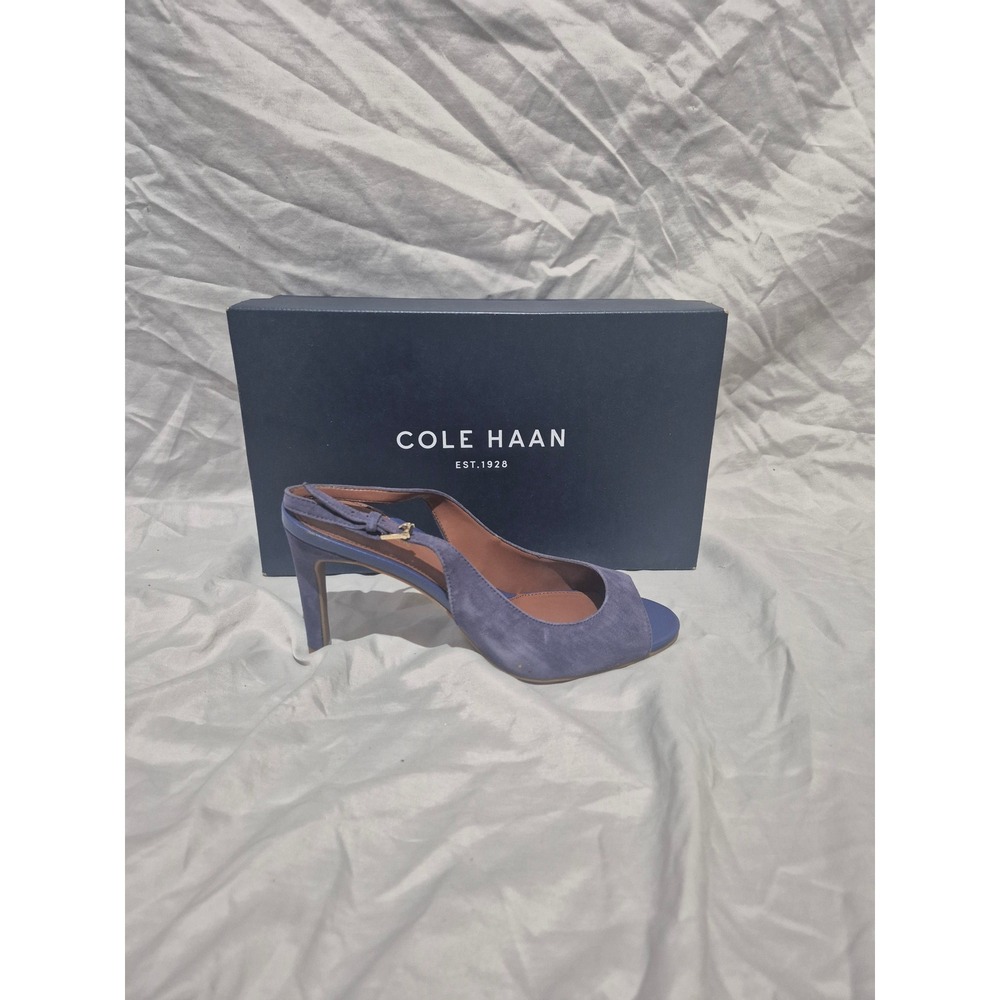 Cole Haan Prieta Sling 75 II Twilight Blue Suede Peep Toe Heels W05054 Size 6.5B